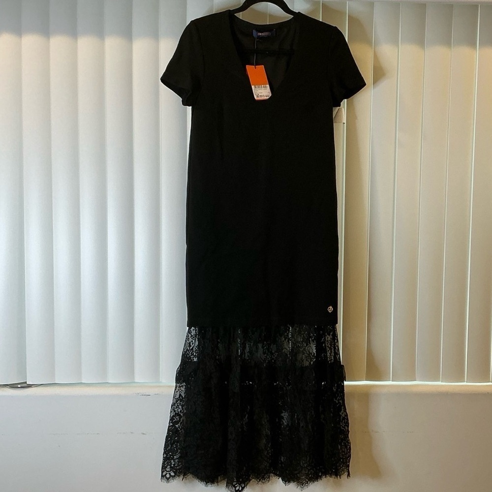 Trussardi Black Maxi Dress with Lace Hem Short Sleeve Elegant Formal - Picture 2 of 3
